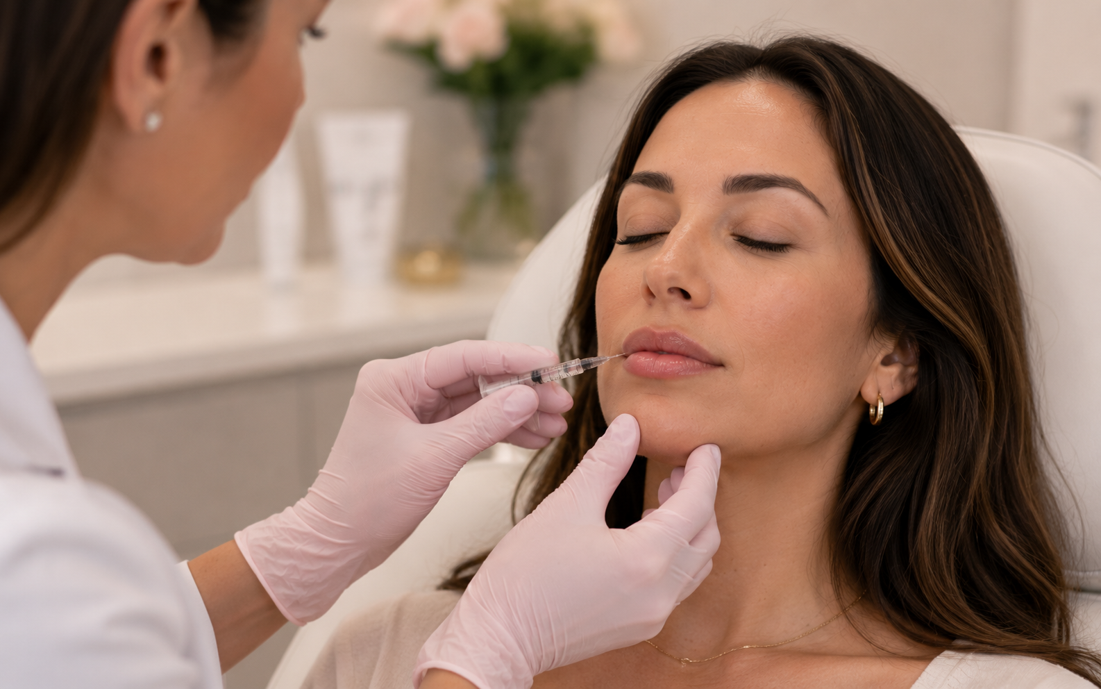 Injector placing lip filler at the vermilion border at Mirror Mirror Med Spa