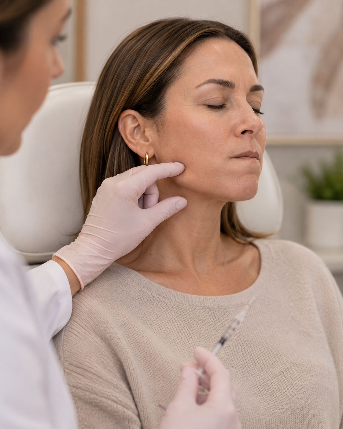 Injector palpating the masseter muscle while the client clenches before treatment