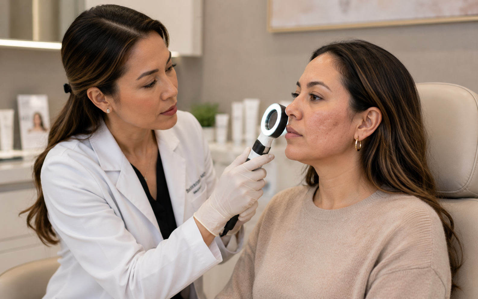 Provider examining acne scars with a dermatoscope during a scar consultation