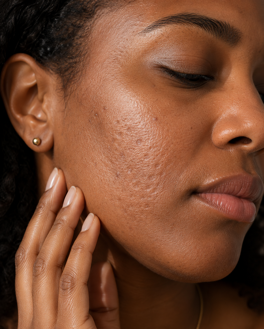 Close-up of cheek with mild acne scarring before scar treatment at Mirror Mirror Med Spa Los Angeles