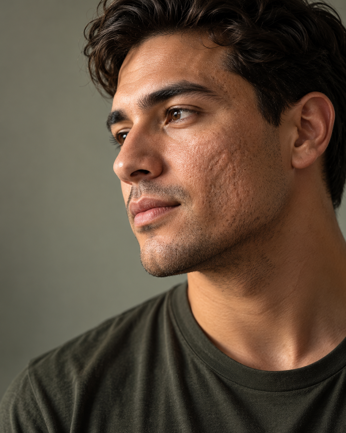 Man with mild rolling and boxcar acne scarring on his cheek in soft side light
