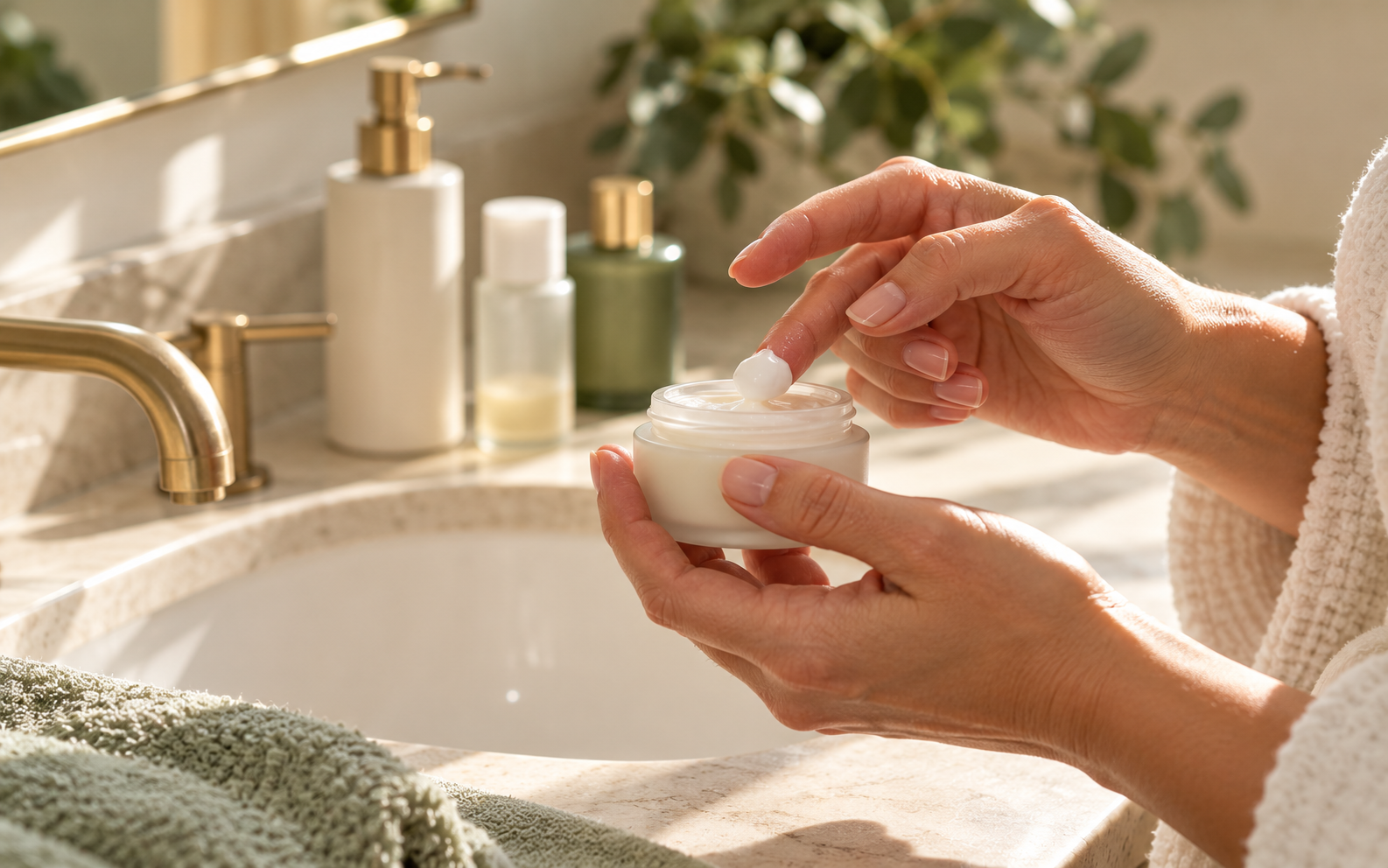 Hands applying a gentle moisturizer as part of CO2 laser aftercare