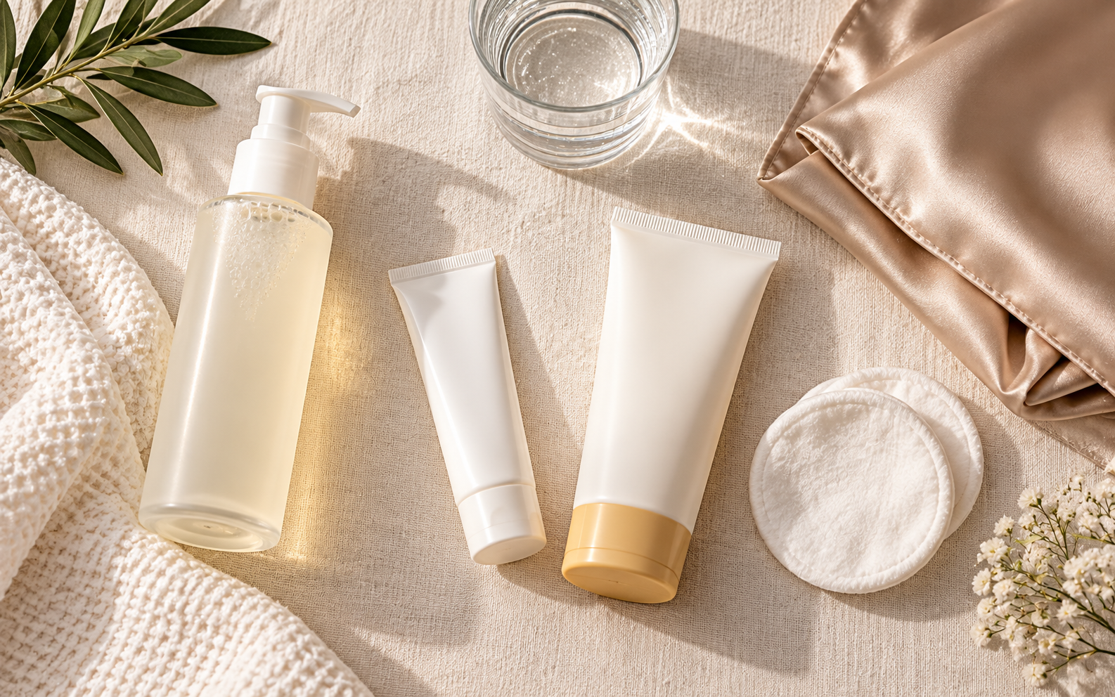 Gentle aftercare essentials for CO2 laser recovery laid out on cream linen
