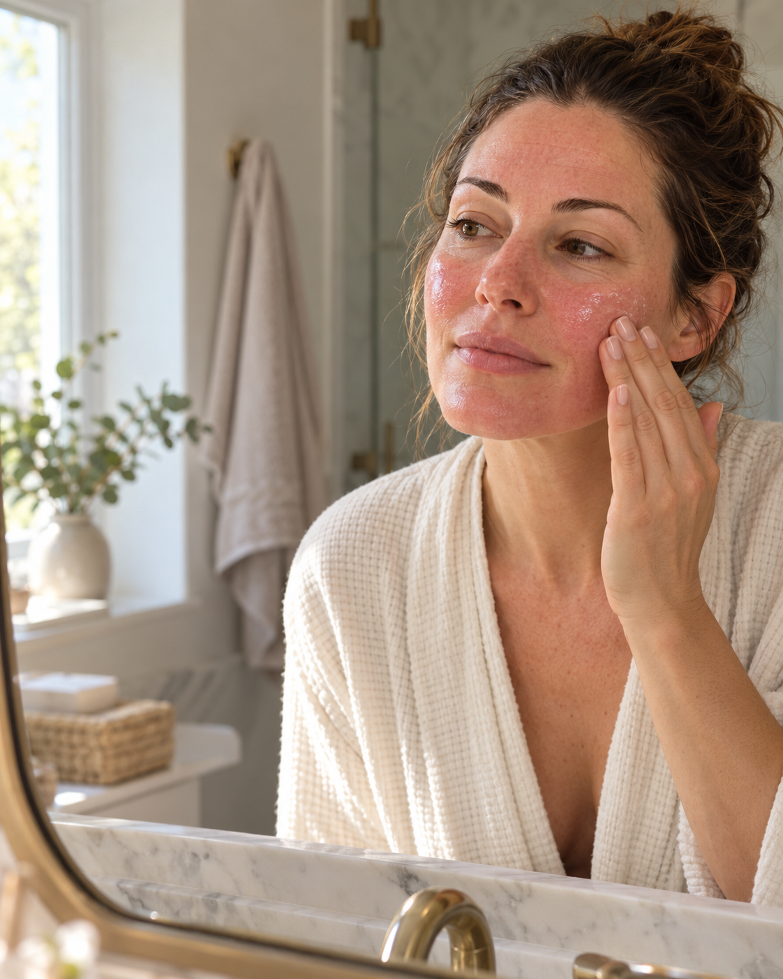Woman gently applying healing ointment to pink skin at home during CO2 laser recovery
